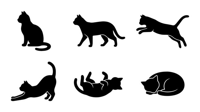 Black Cat Silhouettes Vector Set: Playful Feline Poses, Domestic Pet Icons, Simple Animal Graphics for Design