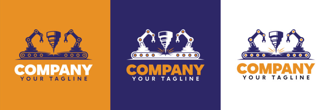 Modern CNC automation logo featuring robotic arms, laser cutting machine, and conveyor system symbolizing smart manufacturing, industrial automation, precision engineering, and production technology