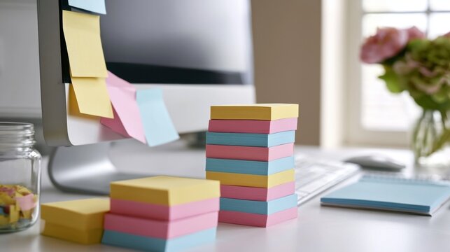 Stack of colorful paper note block on white desk beside computer screen with sticky notes in modern home office workspace with natural light and flower vase in background