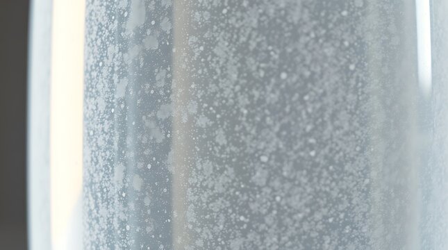 close up of white mineral deposits on glass surface