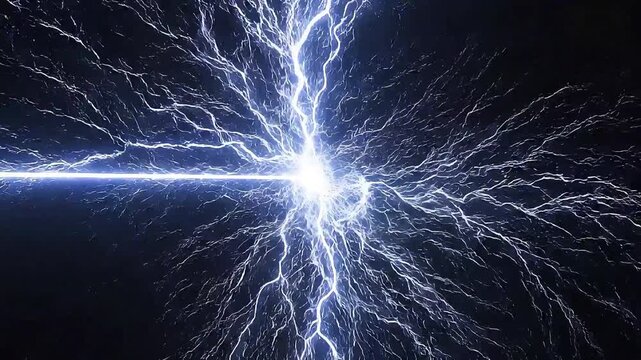 Vibrant blue electrical discharge with branching fractal patterns against a dark background.