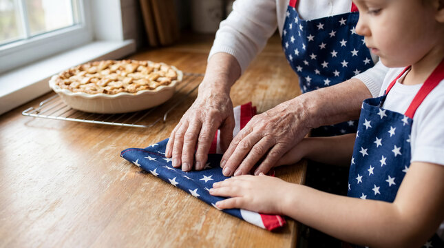fourth of july 4 independence day grandmother grandchild hands family flag folding tradition tender generational moment passing patriotic values from elder to child symbolizing love and legacy