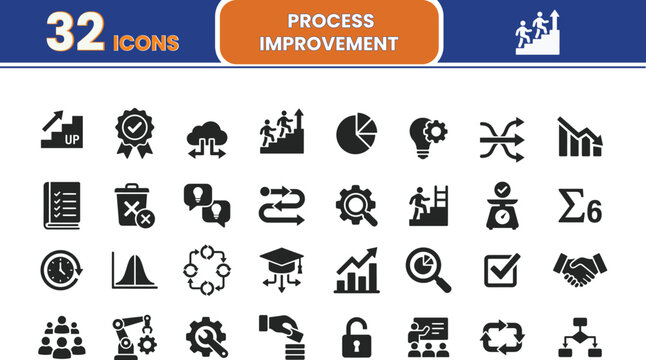Process improvement 32 line icon set. corporate strategy concept of continuous improvement with quality, advancement, continuous, success and batch processing. Editable icon with vector illustration.