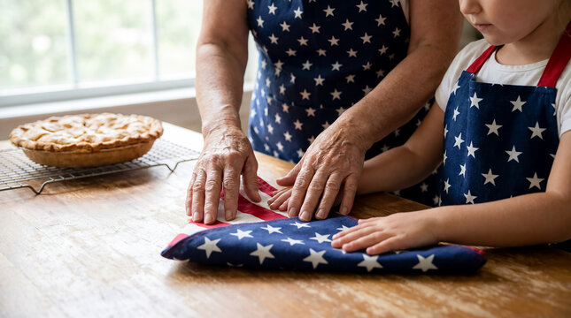 fourth of july 4 independence day grandmother grandchild hands family flag folding tradition tender generational moment passing patriotic values from elder to child symbolizing love and legacy