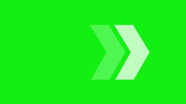 Animated white triple arrow symbols pointing right on a green screen background, 4k motion graphics for swipe up, next page, and direction navigation indicators.