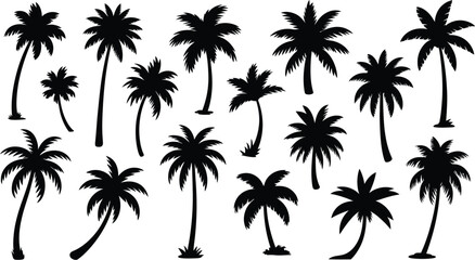 Naklejka premium Collection of black palm tree silhouettes isolated on white background for tropical summer travel vacation and exotic nature design elements.