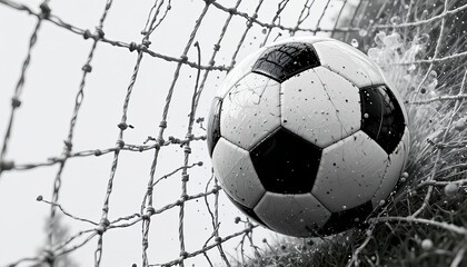 Fototapeta premium Black and white soccer ball crashing into a goal net with dramatic ink splash effects, capturing intense motion, impact, and dynamic sports energy on a clean background