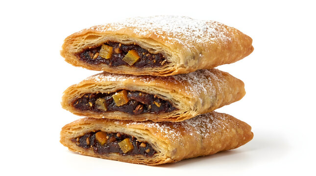Sweet Maltese Imqaret date pastries stacked high, fried and crispy, isolated on white background