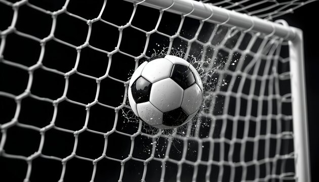 Black and white soccer ball crashing into a goal net with dramatic ink splash effects, capturing intense motion, impact, and dynamic sports energy on a clean background