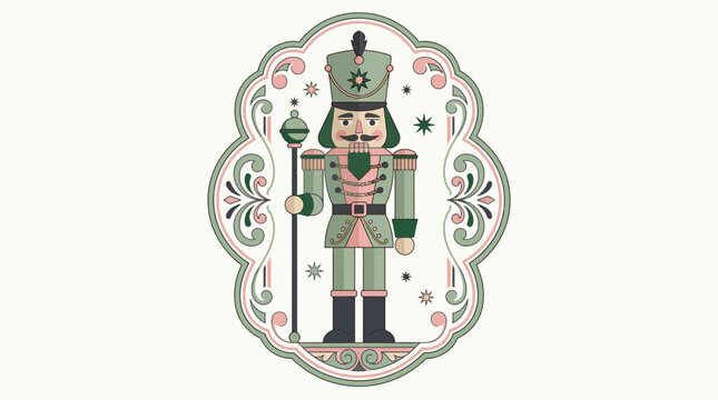 Vintage Pastel Christmas Nutcracker Soldier Illustration in Ornate Decorative Frame - Elegant Holiday Decoration Graphic
