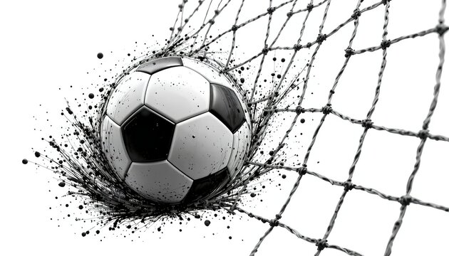 Black and white soccer ball crashing into a goal net with dramatic ink splash effects, capturing intense motion, impact, and dynamic sports energy on a clean background