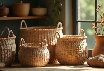 Fototapeta premium Eco-Friendly Packaging Baskets Handmade Craft Elements Nature Inspired Organic Materials