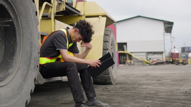A stressed engineer reviewing a difficult report at an industrial site, sitting on heavy machinery and showing signs of workplace burnout and pressure.