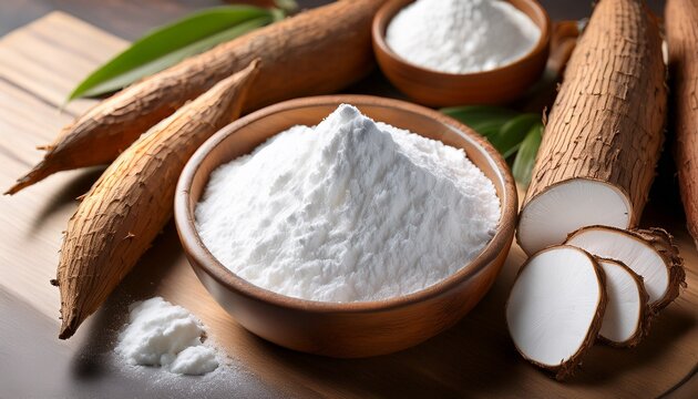 tapioca starch also known as tapioca flour is displayed in a wooden bowl along with dry cassava root this versatile tapioca starch can be used in various culinary applications