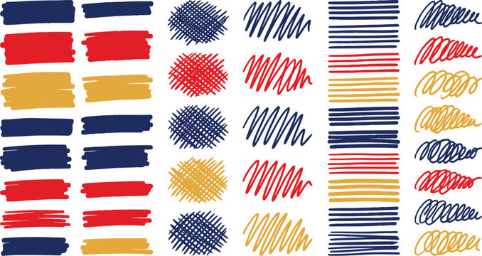 Hand drawn marker strokes and scribble textures in blue red and yellow colors for creative graphic design projects set