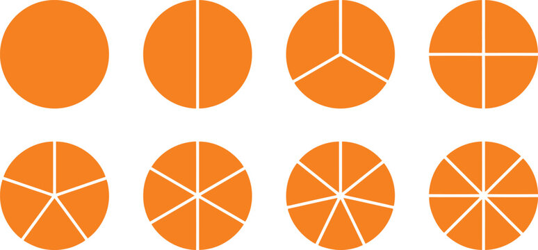 Pie chart circles showing various mathematical fractions and percentages represented as orange circular icons for business data presentation graphics