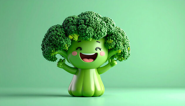 Cartoon broccoli character smiling and happy