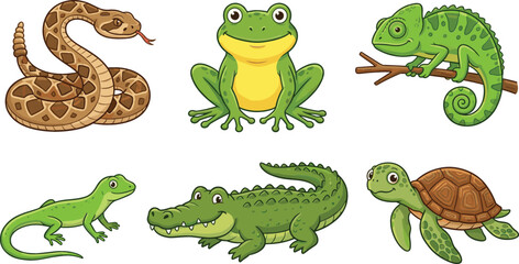 Fototapeta premium Collection of cute cartoon reptile and amphibian characters including snake frog chameleon lizard crocodile and sea turtle isolated on white background