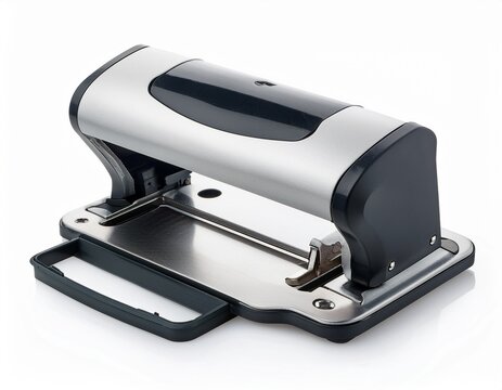 professional stainless steel two hole paper puncher with ergonomic handles and waste tray isolated on white background
