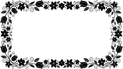 Elegant black floral frame silhouette with tulips and decorative vines, rectangular spring flower border for wedding invitations and greeting cards © SUMAIYA