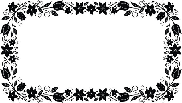 Elegant black floral frame silhouette with tulips and decorative vines, rectangular spring flower border for wedding invitations and greeting cards