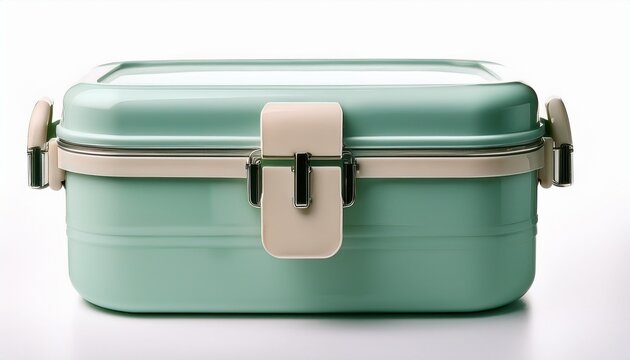 modern mint green and cream bento lunch box with secure latches reusable food storage container for meal prep isolated on white background