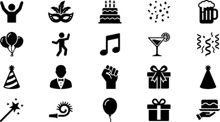 Party and Celebration Black Silhouette Icon Set Featuring Birthday Cake Balloons Cocktail Music and Gift Elements for Event Invitation Mobile App and Website Design © Himu 