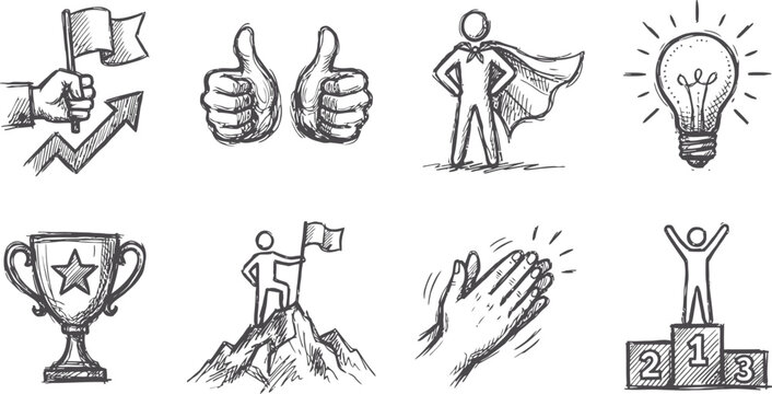 Business success icons set featuring hand drawn sketches of trophy flag lightbulb superhero and winners standing on podium