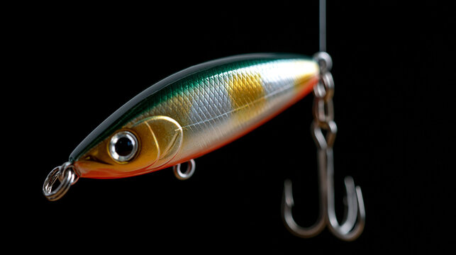 Realistic artificial fishing lure hanging on monofilament line, transparent background, wobbler or crankbait style, metallic and painted finish detail, fishing gear, PNG file,