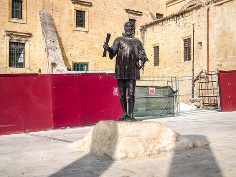 Monument to Jean de Valette on Jean de Valette square in center of Valletta city in Malta