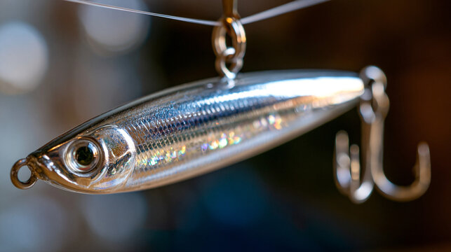 Polished silver hard body lure hanging on clear monofilament, transparent background, light-catching metallic finish, fishing tackle product shot, PNG file, with copy space