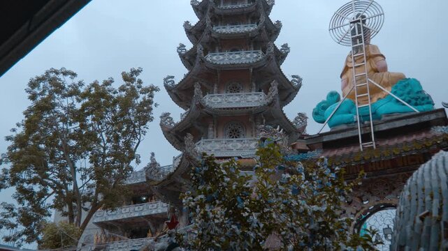 Linh Phuoc Pagoda (also known as the Ve Chai Pagoda), a famous Buddhist temple located in Da Lat, Vietnam. Also known as "Bottle Temple" or "Junkyard Pagoda" it is renowned for its intricate architect