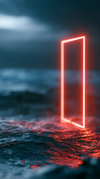 Glowing red rectangle portal hovering over a stormy ocean for a dramatic and atmospheric surreal concept. Defocused ocean background. Red portal stormy, glowing rectangle,