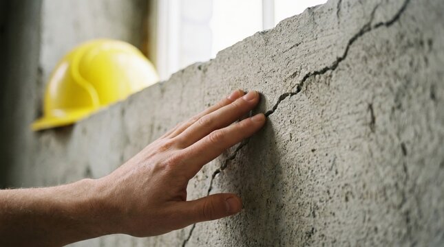 A professional construction worker touches a long crack in a grey concrete wall while a yellow hard hat sits nearby