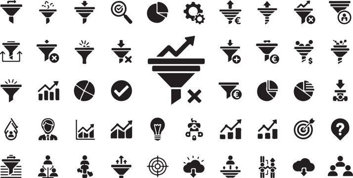 Data funnel and business analytics icon set, 50 black vector symbols for marketing conversion, sales pipeline and financial growth charts