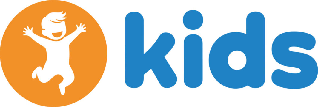 Blue kids typography with orange icon playful modern children theme Vector Design