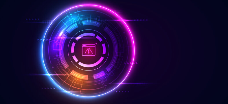Abstract cyber security technology background with glowing neon HUD interface.