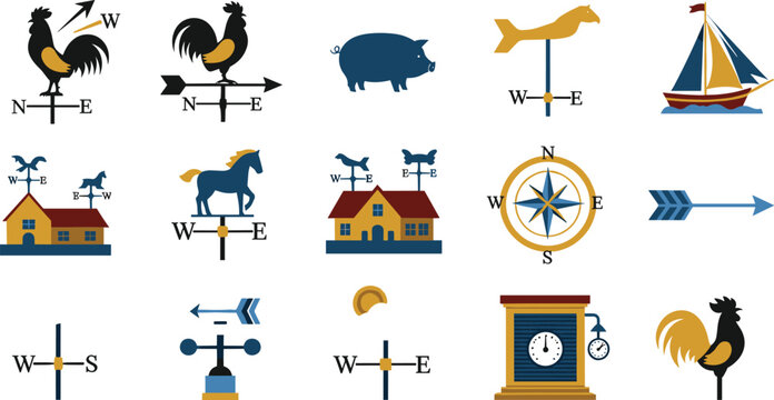 Set of Weather Vane and Compass Vector Icons Featuring Roosters, Pigs, Horses, Weathervanes, Compass Rose, Arrows, Sailboat, House Vane, and Clock Tower Symbols