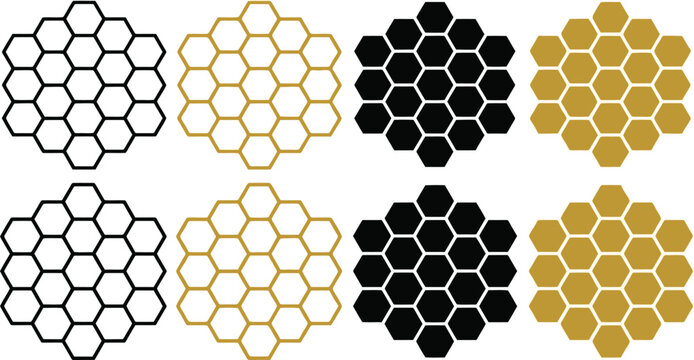 Honeycomb pattern, geometric shapes, black and gold colors,  branding projects.