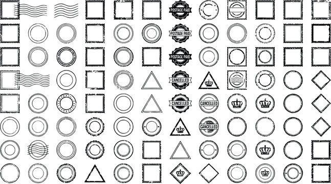 Postage stamps collection, frames, circular, cancellation marks, graphic icons.