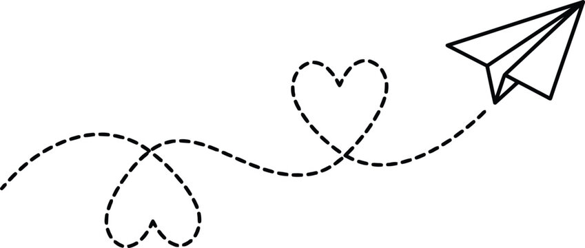 Paper airplane flying, dashed heart shaped, love travel romance, creative communication, various projects.