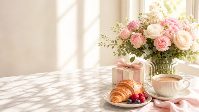 Elegant breakfast scene with fresh flowers, croissant, coffee, gift box, and natural morning light