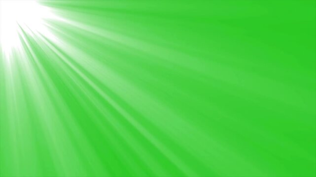 Bright white sun rays and lens flare shining from the corner on a green screen background, 4k cinematic light leak effect for video editing.