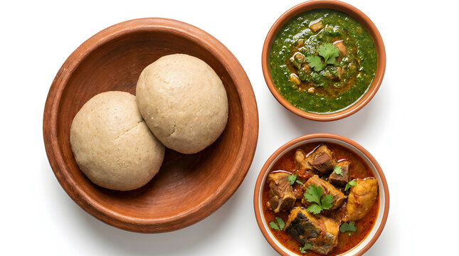 Authentic Ghanaian Tuo Zaafi with delicious Ayoyo soup and meat stew, isolated on a clear white background