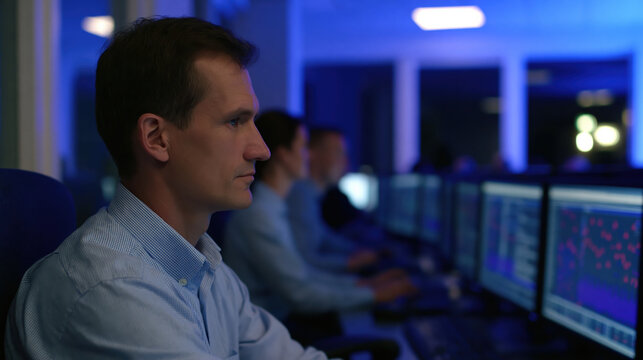 Security analyst monitoring cyber attack alert in dark control room with computer screen