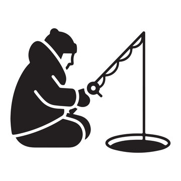 Ice fishing icon with angler and rod