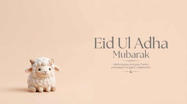 Eid Ul Adha Mubarak greeting card with cute sheep toy, minimalist Islamic holiday background, festive celebration banner with elegant typography