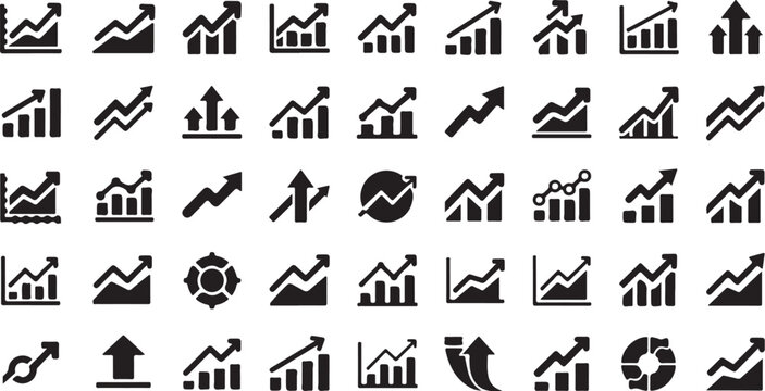 Business growth icon set with 50 black vector symbols, financial data charts and rising arrow graphics, professional marketing analytics icons for reports