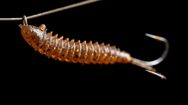 Brown natural-tone soft plastic fishing lure hanging on a fishing line against transparent background, creature bait or worm lure style, realistic texture detail, bass fishing