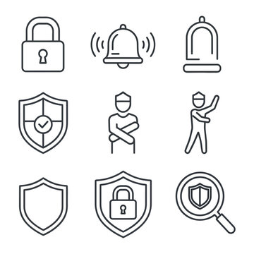 Security and cyber defense icon set with security protection surveillance